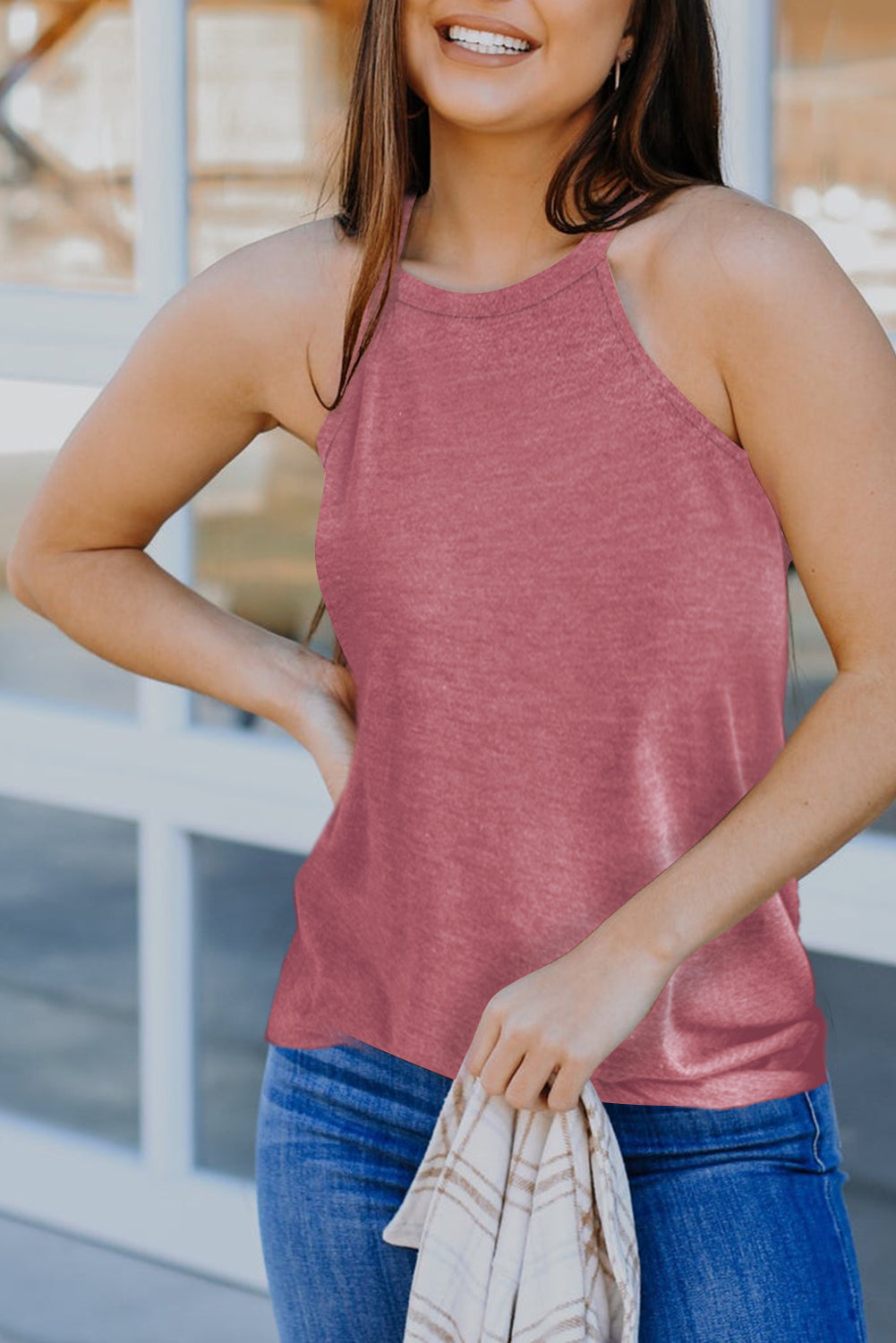 Solid Colour Crew Neck Tank Top | Pink