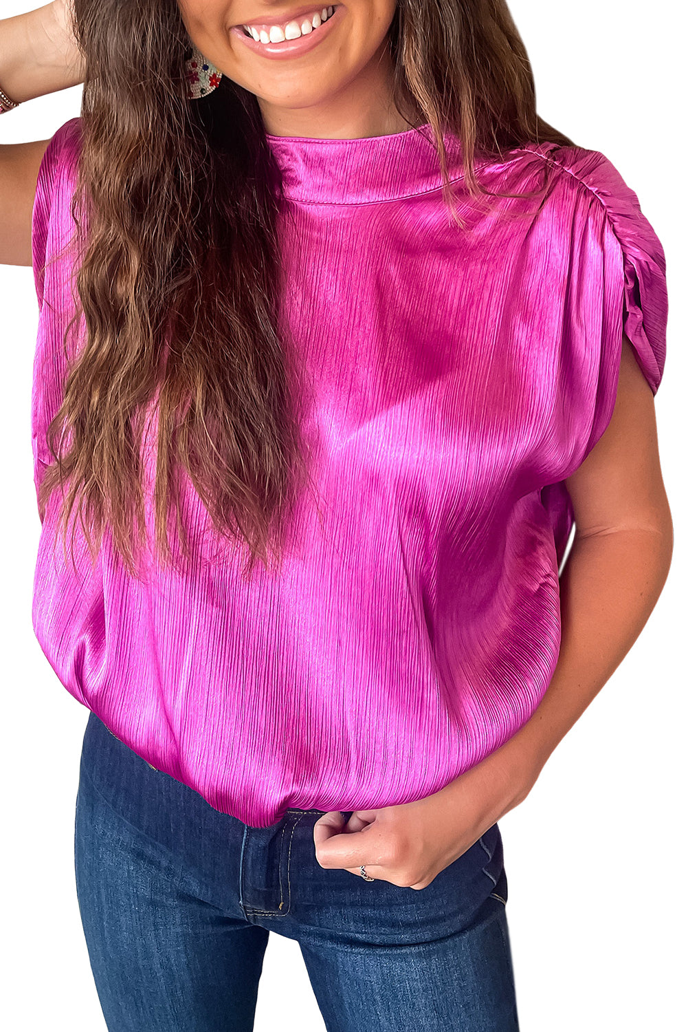 Ruched Sleeves Knotted Backless Blouse | Bright Pink