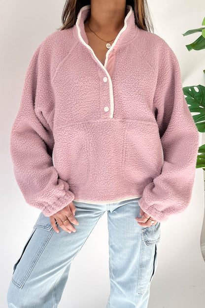 Stand Neck Half Button Zip Pocket Plush Sweatshirt | Fushia