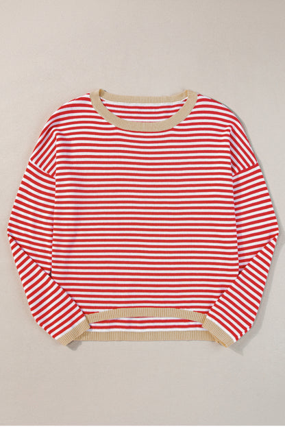 Contrast Trimmed Striped Drop Shoulder Sweater | Fiery Red