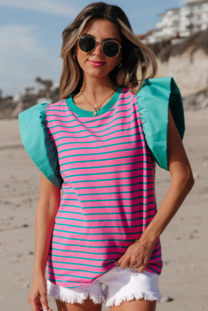 Colourblock Ruffled Sleeve Crew Neck Blouse | Pink Stripe