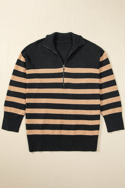 Collared Quarter Zipper Oversized Sweater | Black Stripe