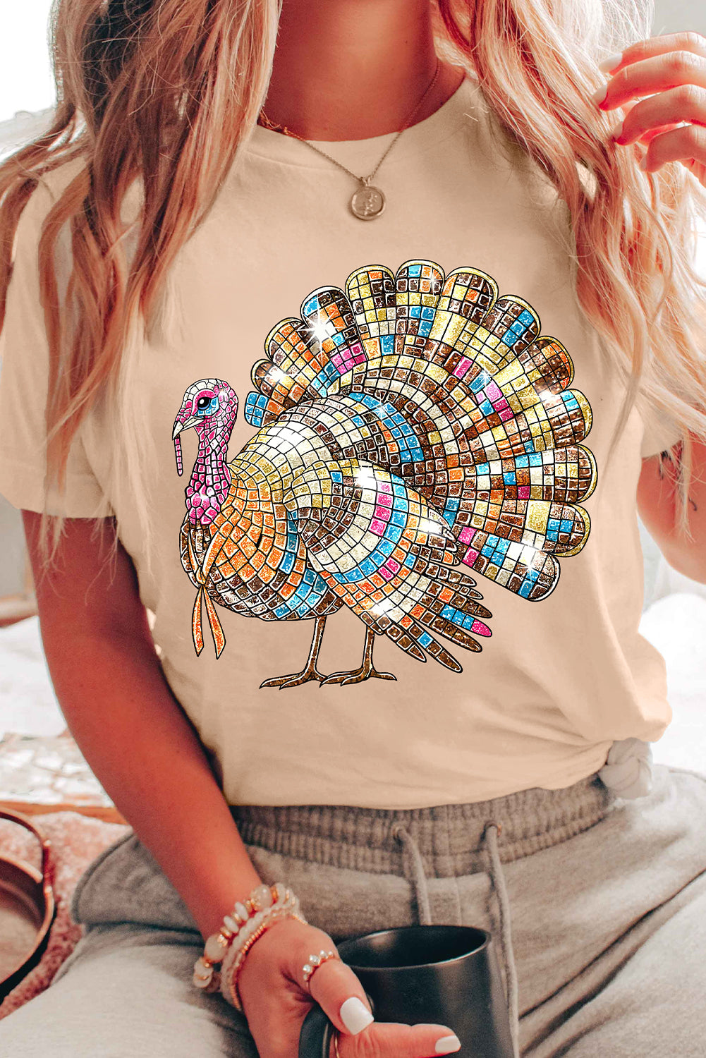 Khaki Thanksgiving Turkey Print Round Neck T Shirt