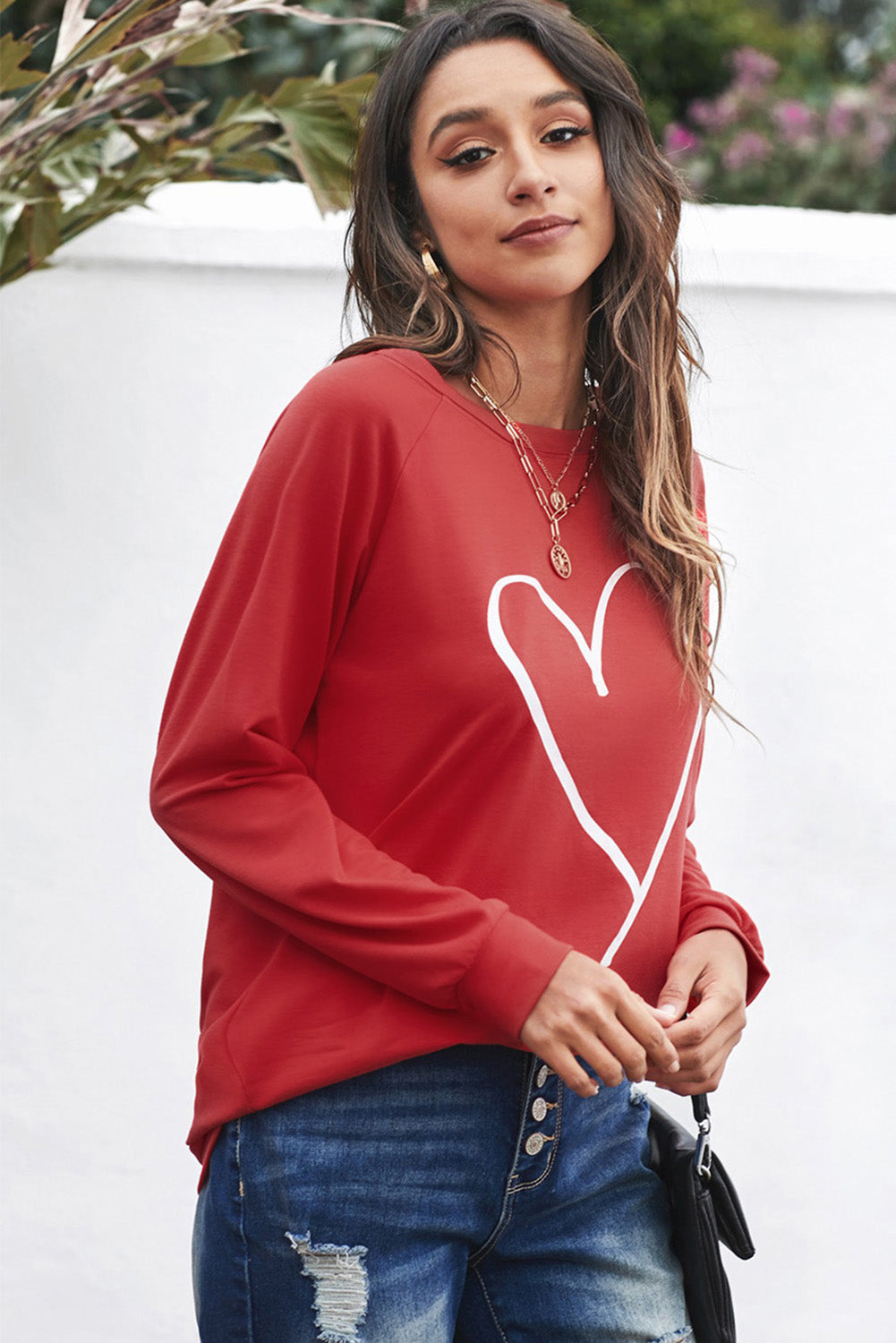 Fiery  Simple Heart Graphic Valentine'S Sweatshirt | Red