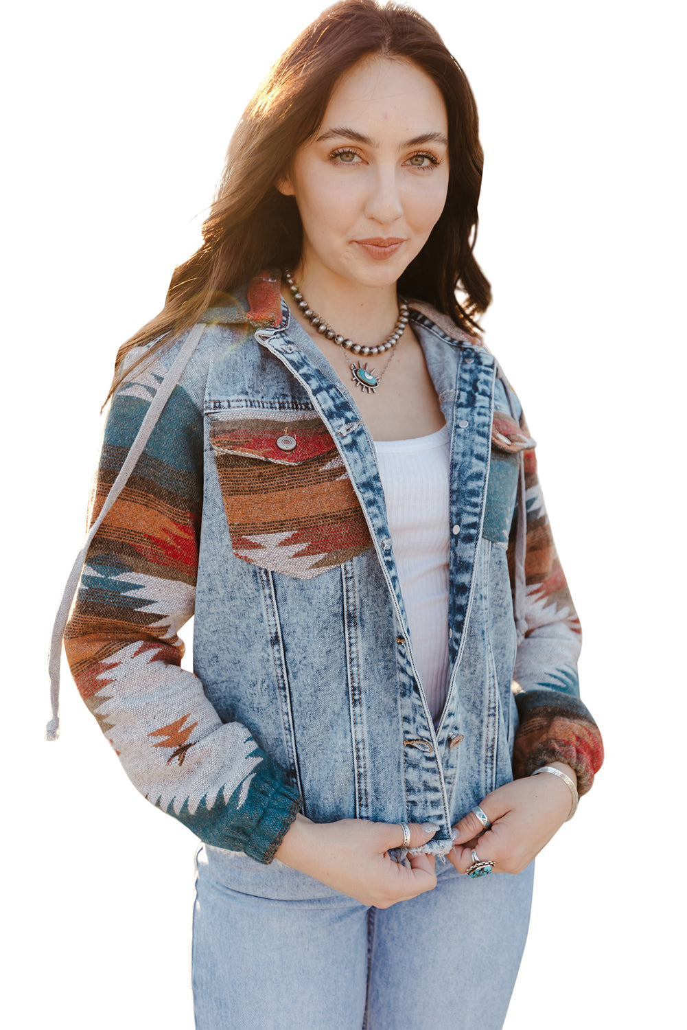 Aztec Print Frayed Hem Denim Jacket | Multicolour