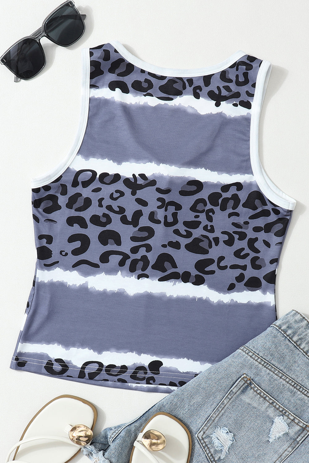 Ribbed Leopard Tie Dye Snap Button Tank Top | Gray