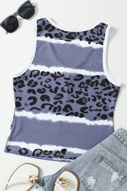 Ribbed Leopard Tie Dye Snap Button Tank Top | Gray