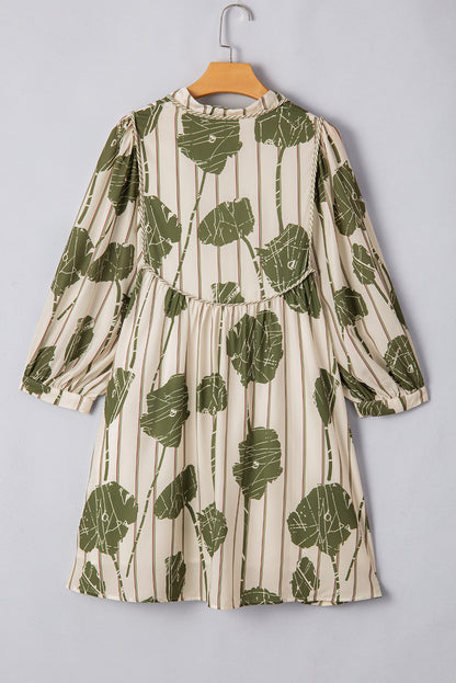 Floral Striped Print Contrast Piping Puff Sleeve Dress | Guacamole Green