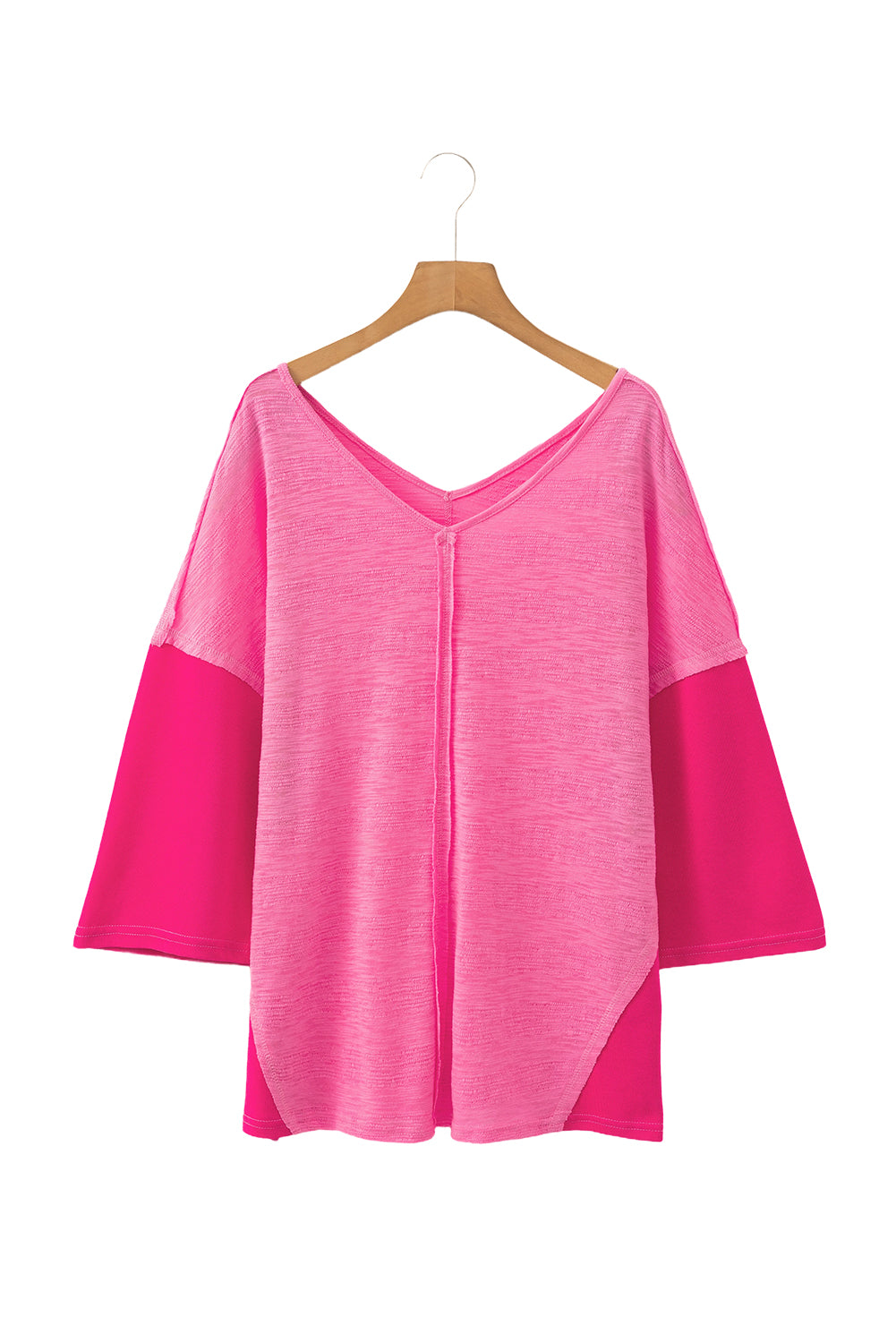 Contrast Patchwork 3/4 Sleeve V Neck Loose Blouse | Sachet Pink