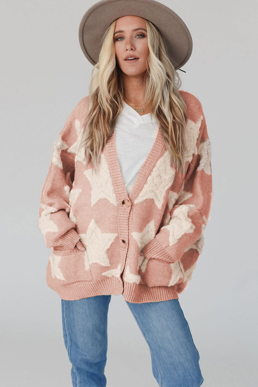 Sherpa Star Pattern Textured Sweater Cardigan With Pockets | Pink