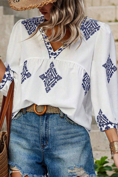 Boho Geometric Print Bracelet Sleeve V Neck Blouse | White