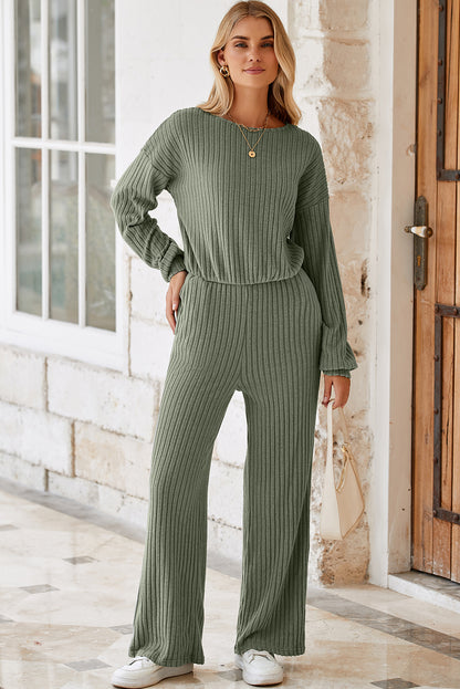 Solid Ribbed Knit Keyhole Back High Waist Jumpsuit | Laurel Green