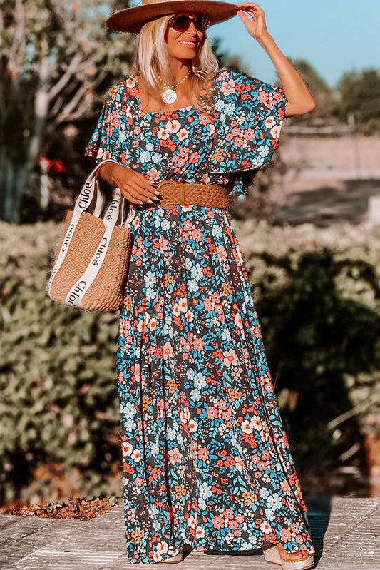 Floral Knotted Back Square Neck Maxi Dress | Sky Blue