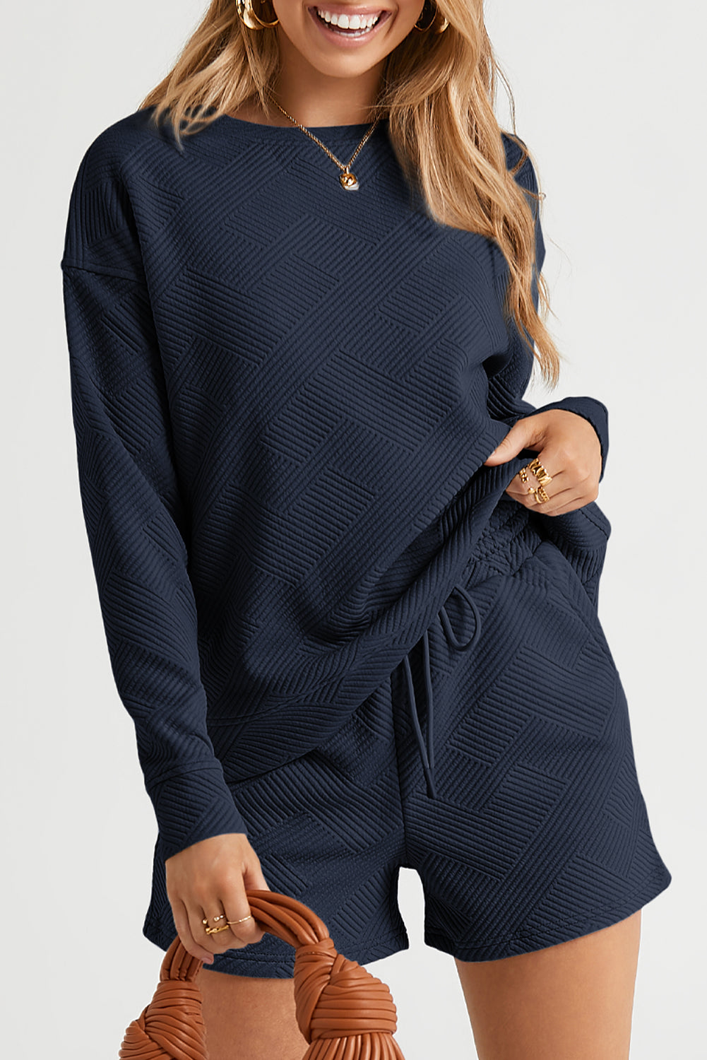 Navy Blue Textured Long Sleeve Top and Drawstring Shorts Set