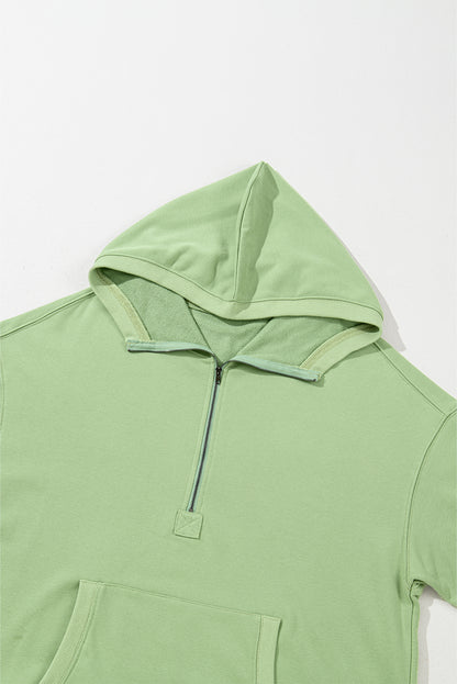 Solid Kangaroo Pocket Half Zipper Oversized Hoodie | Smoke Green