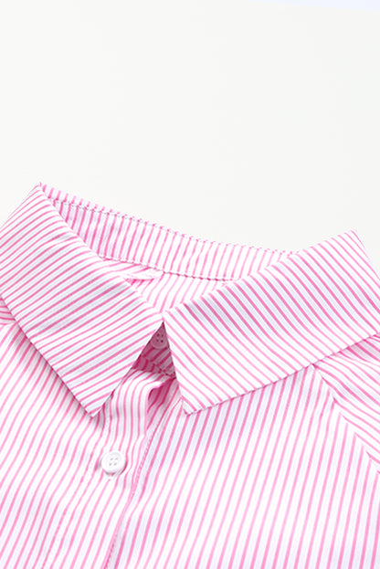 Smocked Cuffed Striped Boyfriend Shirt With Pocket | Pink