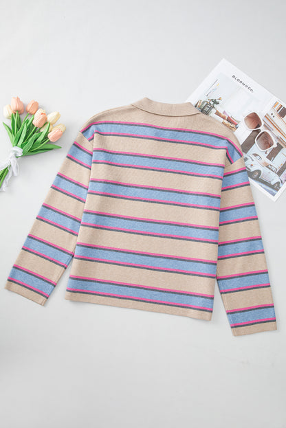 Collared V Neck Drop Shoulder Loose Sweater | Apricot Stripe