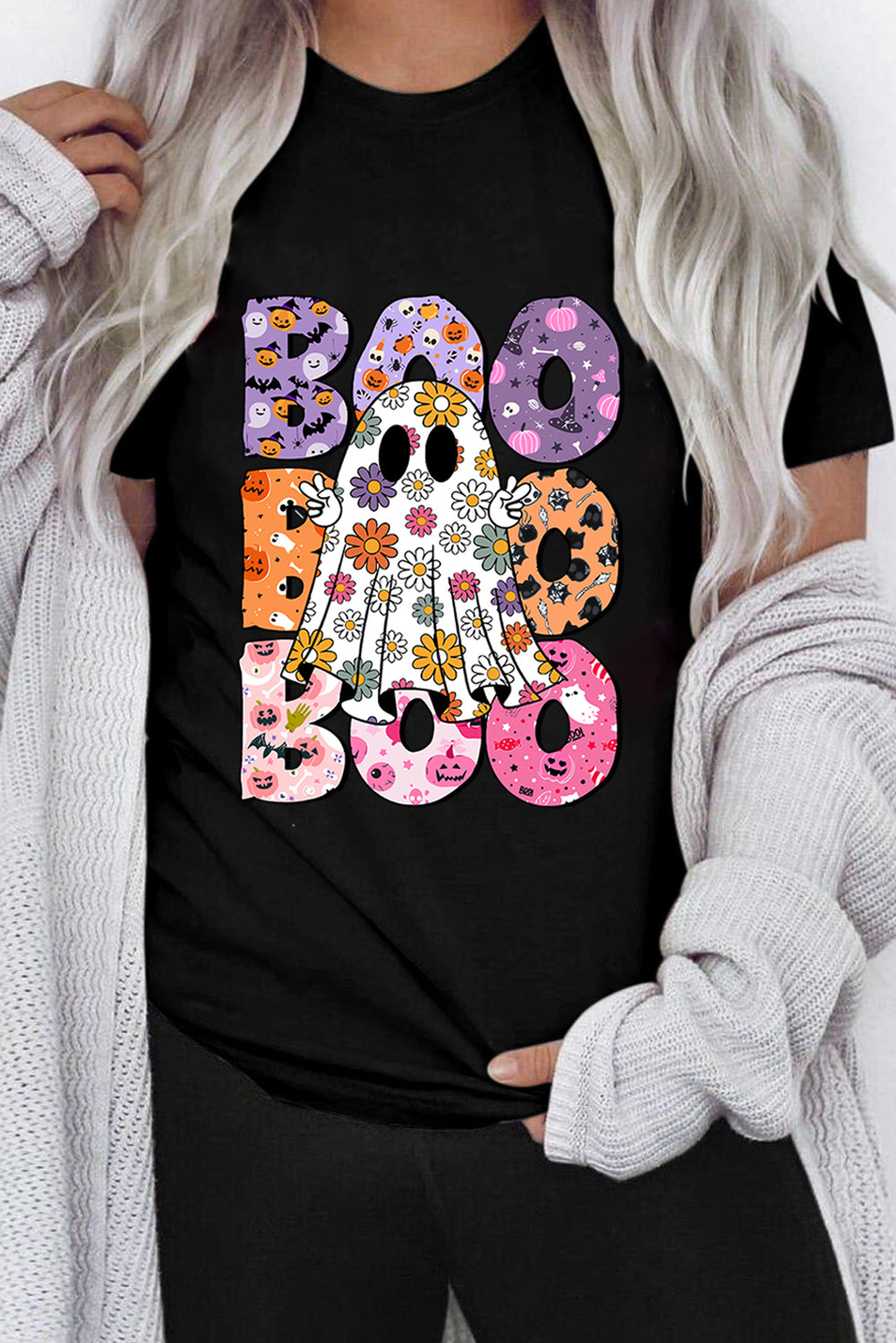 Boo Floral Ghost Print Crew Neck Halloween T Shirt | Black