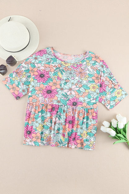 Bohemian Flower Print Flowy Short Sleeve Top | Multicolour