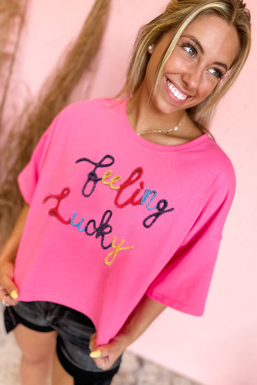 Feeling Lucky Embroidered Letter Graphic Half Sleeve Top | Bonbon