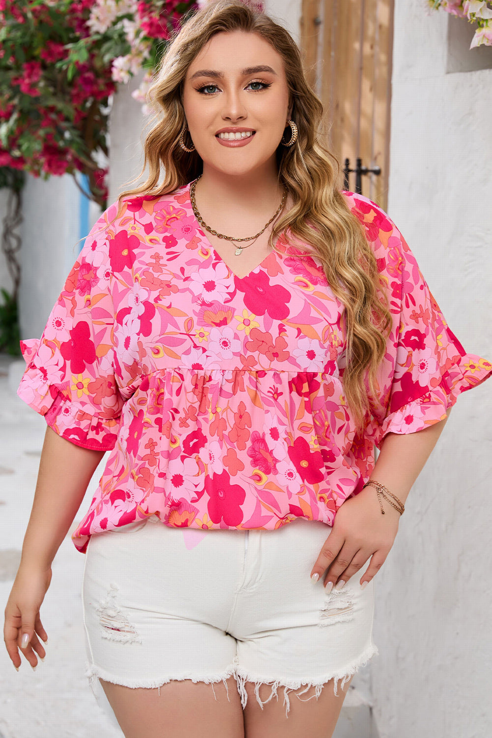 Floral Print Ruffled Half Sleeve Plus Size Babydoll Blouse | Rose