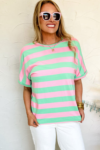 Colourblock Cuffed Sleeve Loose Tee | Pink Stripe