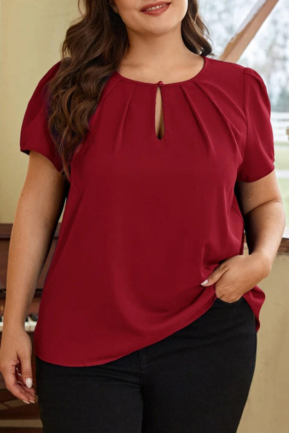 Keyhole Pleated Crew Neck Plus Size T Shirt | Red Dahlia