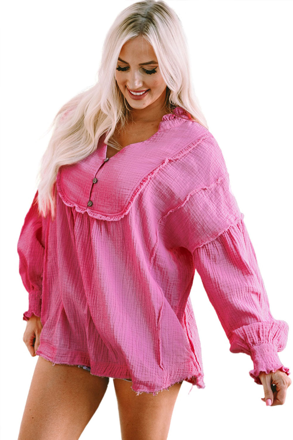 Retro Frilled Seam Crinkle Puff Sleeve Blouse | Pink