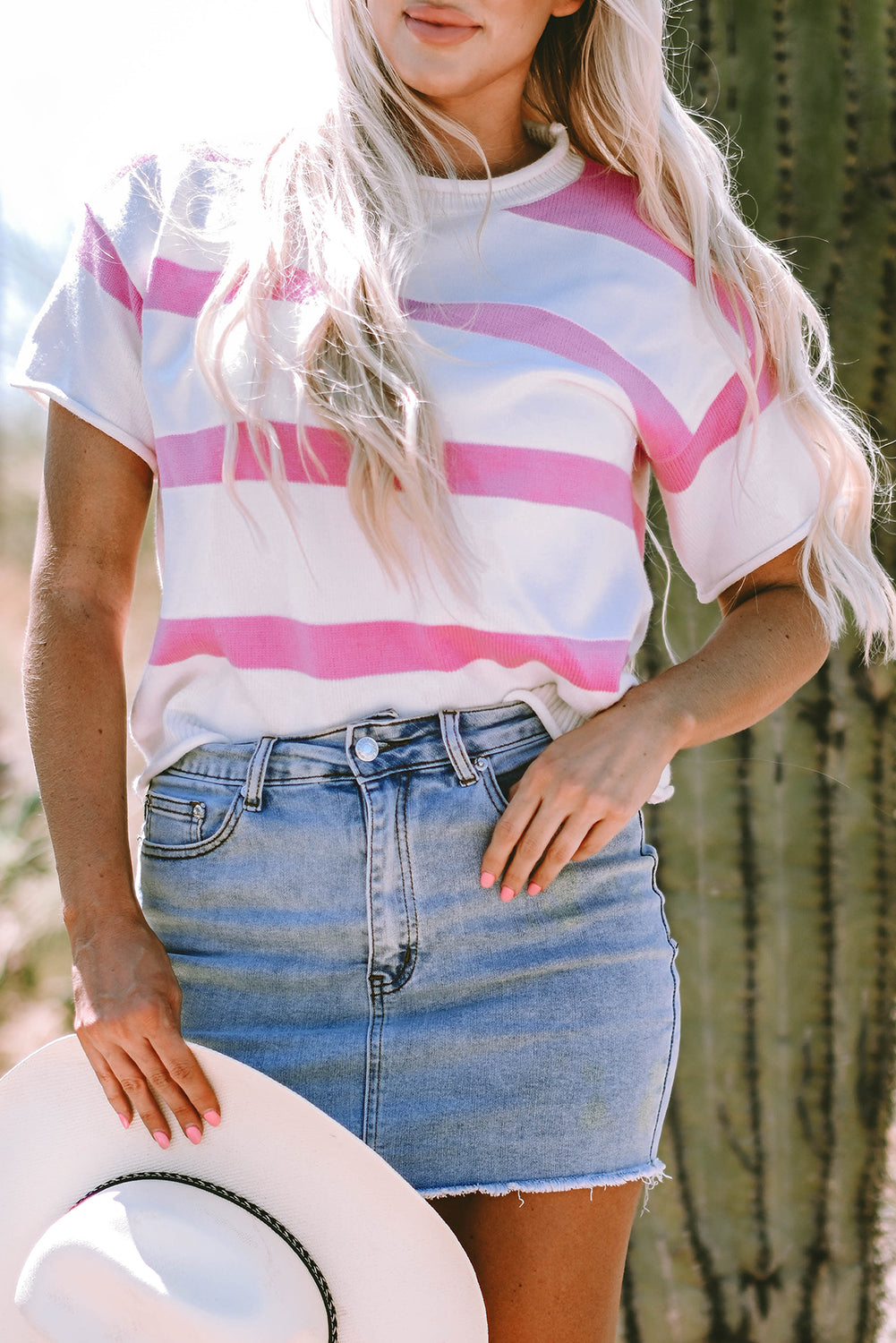 Dropped Short Sleeve Lightweight Knitted Top | Pink Stripe