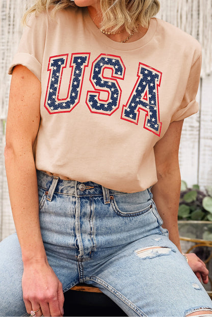 Khaki Starry USA Lettering Independent Day T-shirt