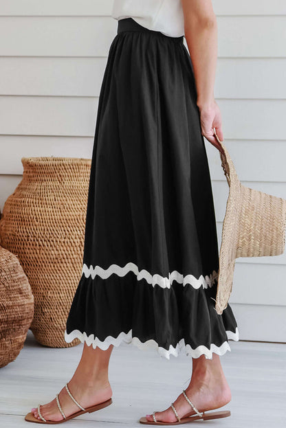 Ricrac Trim Colourblock High Waist Long Skirt | Black