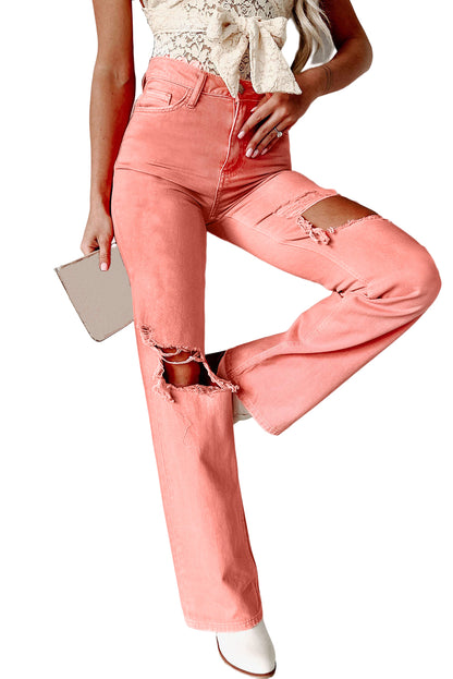 High Waist Ripped Straight Leg Pocket Jeans | Pink