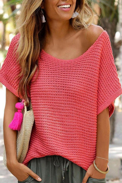 Red Clay Solid Loose Knit Short Dolman Sleeve Sweater