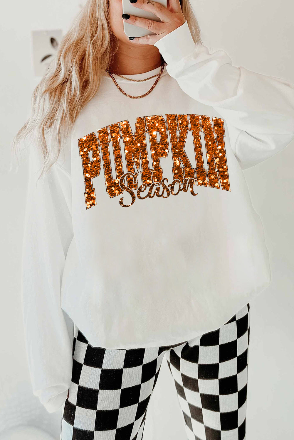 Heat-Transfer Pumpkin Season Printed Crewneck Thanksgiving Sweatshirt | Beige