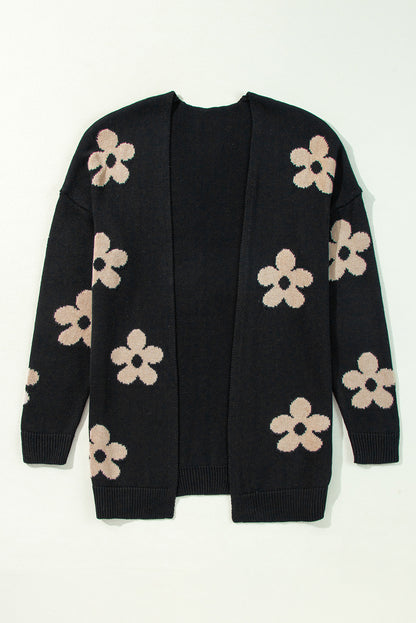 Floral Print Knitted Open Front Loose Cardigan | Black