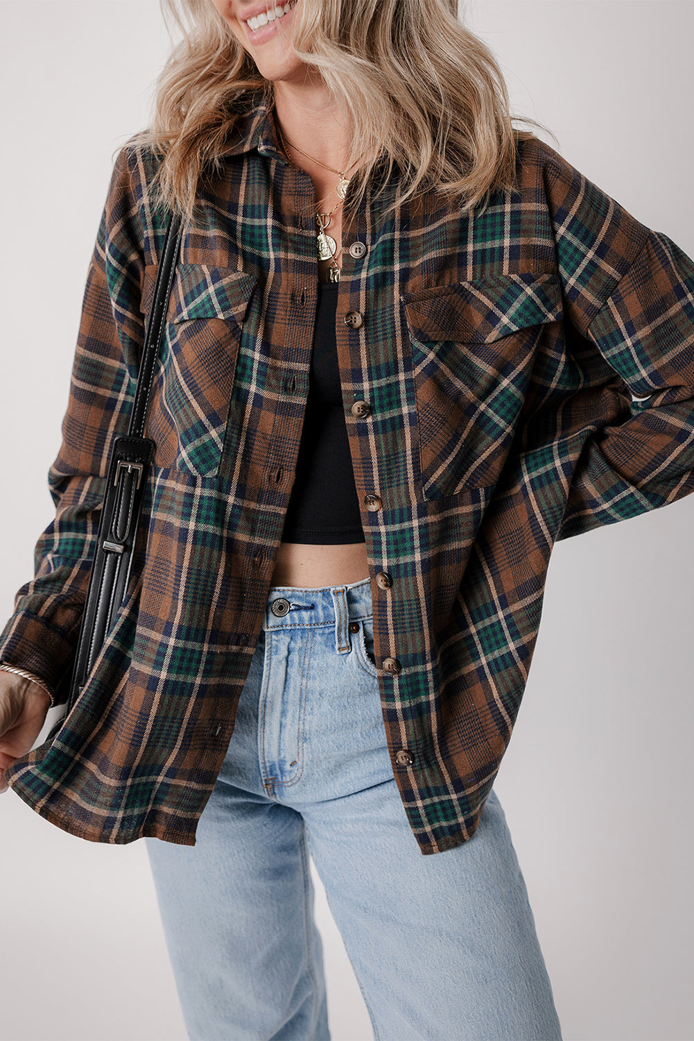 Plaid Print Chest Pockets Buttoned Shirt Jacket | Brown