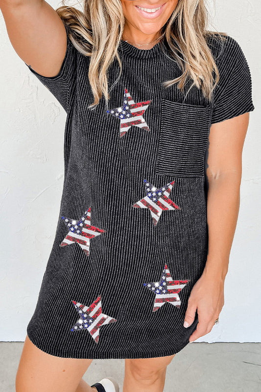 Gray Sequin Flag Stars Ribbed Shift T-shirt Dress