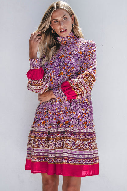 Floral Smocked Puff Sleeve High Neck Mini Dress | Purple