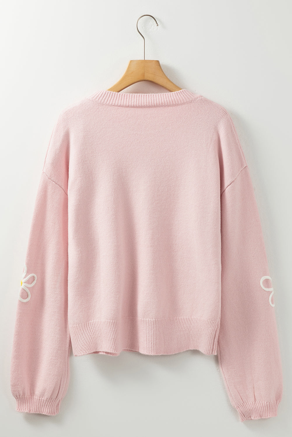 Chenille Daisy Stitching Crew Neck Sweater | Pink