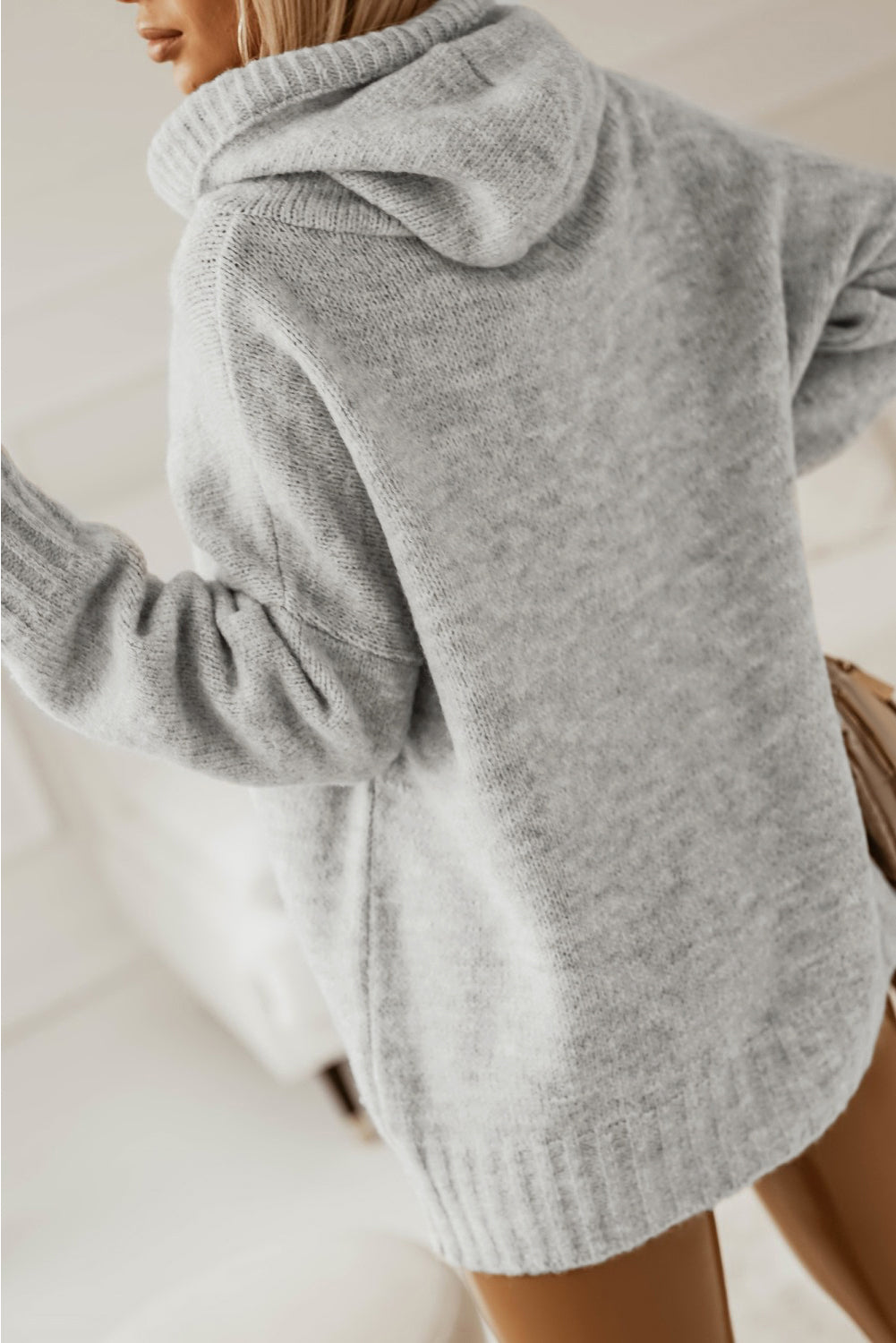 Cowl Neck Drawstring Pullover Hooded Sweater | Gray