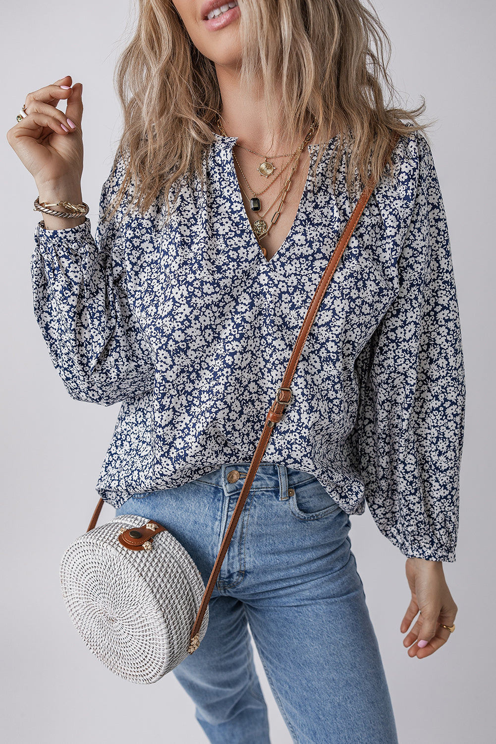 Floral Print Notched V Neck Puff Sleeve Blouse | Blue