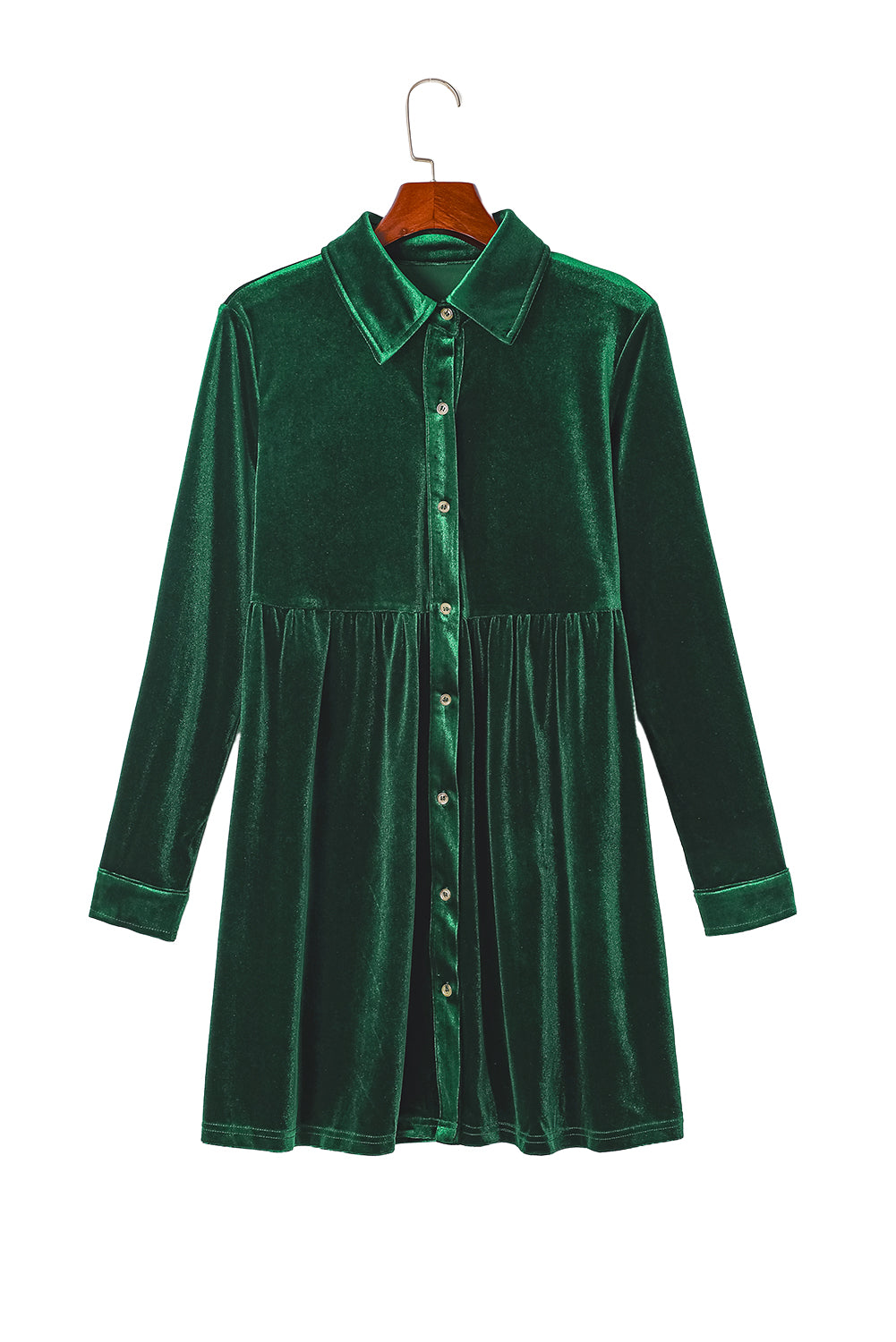 Long Sleeve Ruffle Velvet Button Up Dress | Green