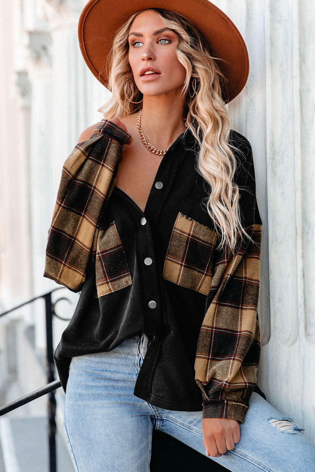 Plaid Patchwork Chest Pockets Oversized Shirt Jacket | Black