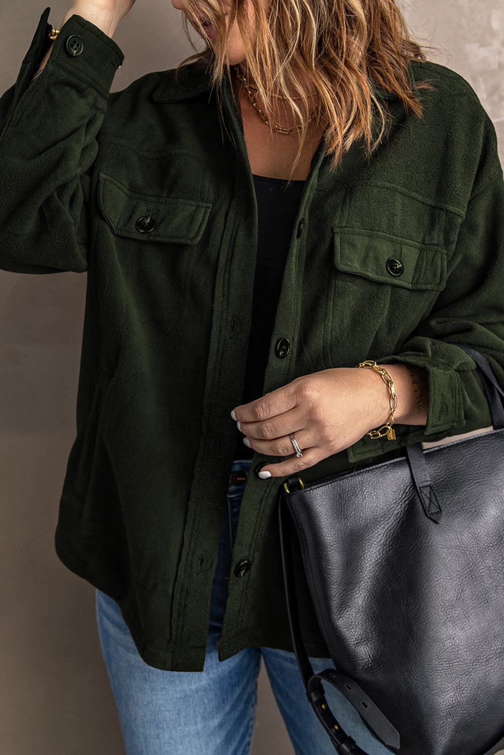 Turn Down Collar Buttoned Shirt Jacket | Green