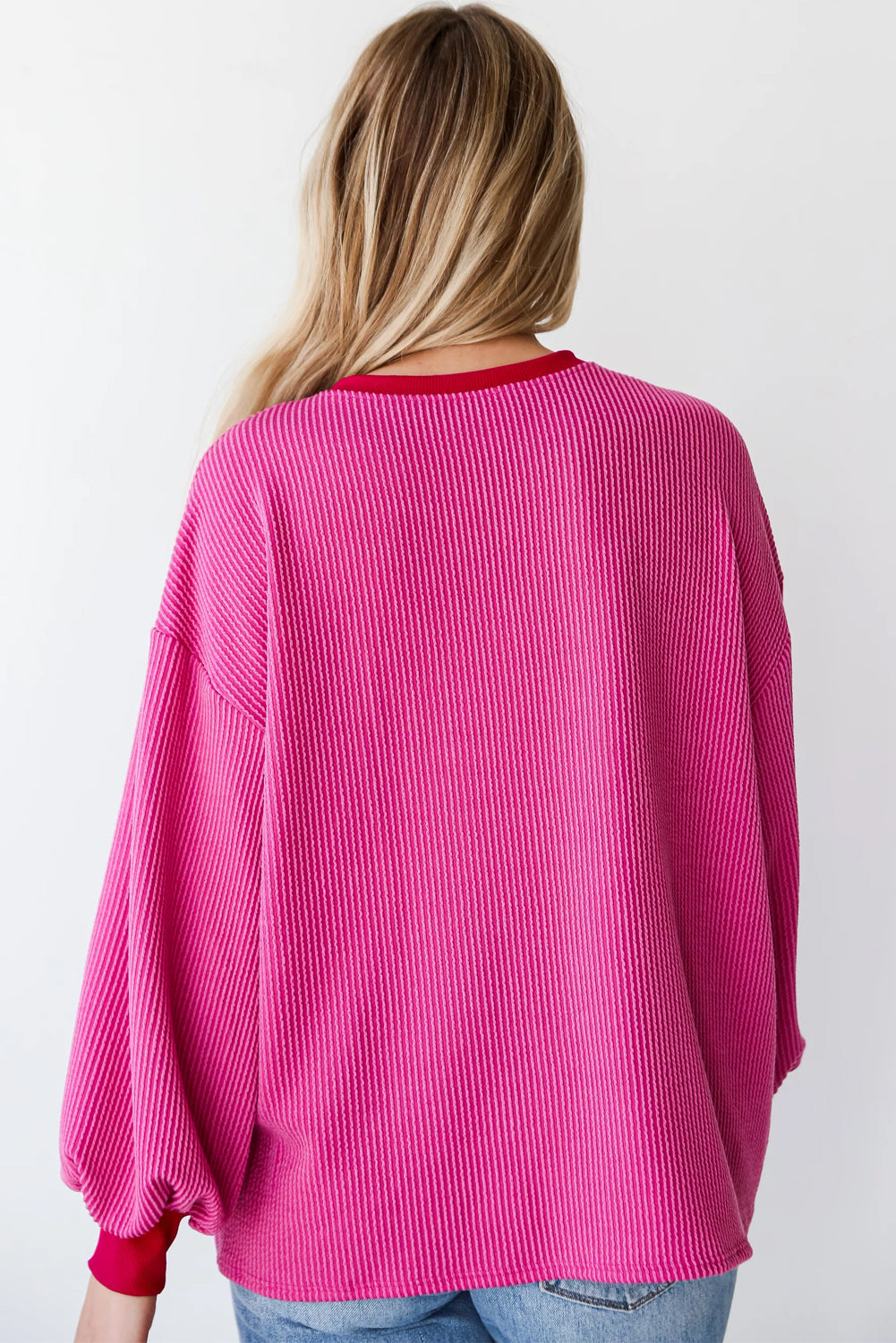 Corded Contrast Edge Drop Shoulder Long Sleeve Top | Bright Pink