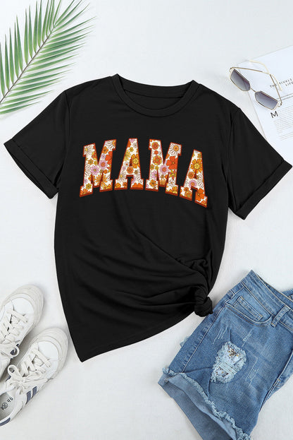 Flower Printed Mama Letter Graphic T-Shirt | Black