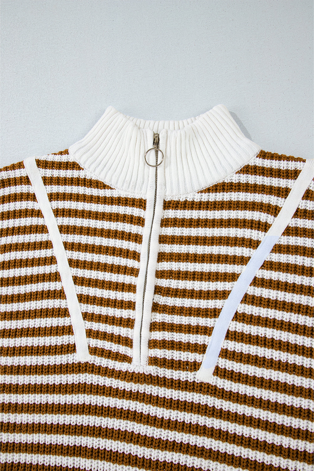 Zip Up Collar Drop Shoulder Sweater | Khaki Stripe