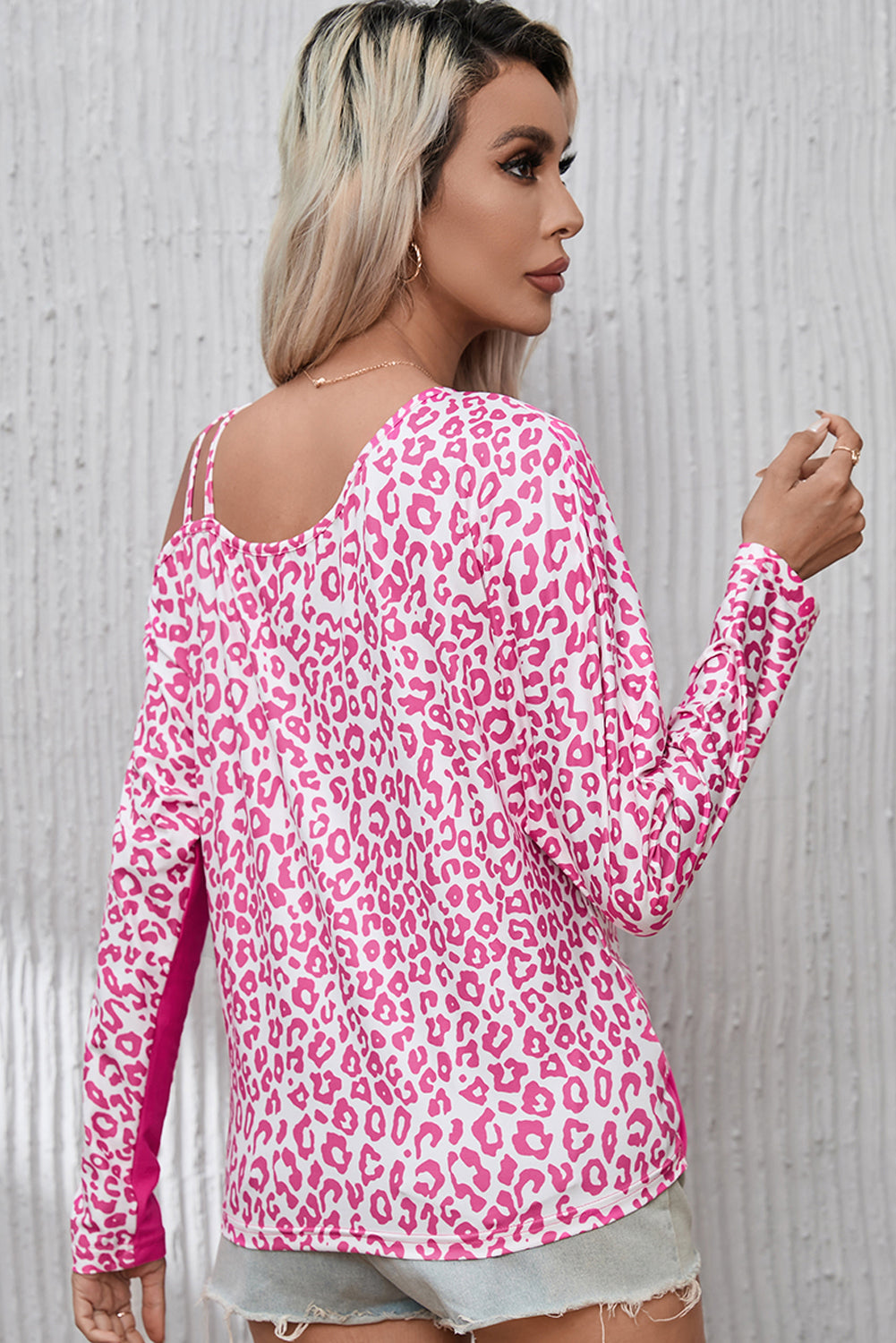 Rose Contrast Leopard Asymmetric Cold Shoulder Crossed Hem Top | Rose Red