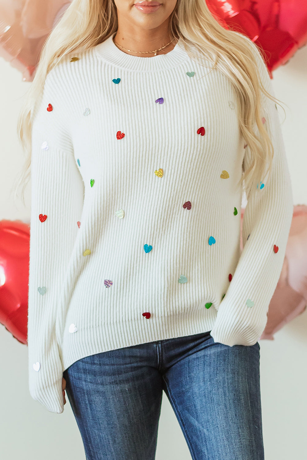 Sequin Heart Shape Waffle Knit Round Neck Sweater | Beige