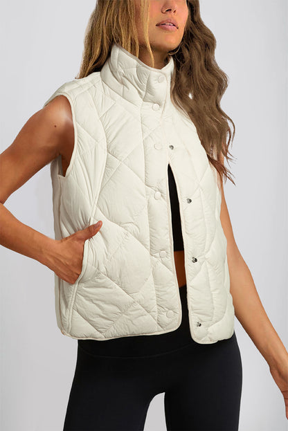 Quilted High Neck Button Up Pocket Vest Coat | Beige